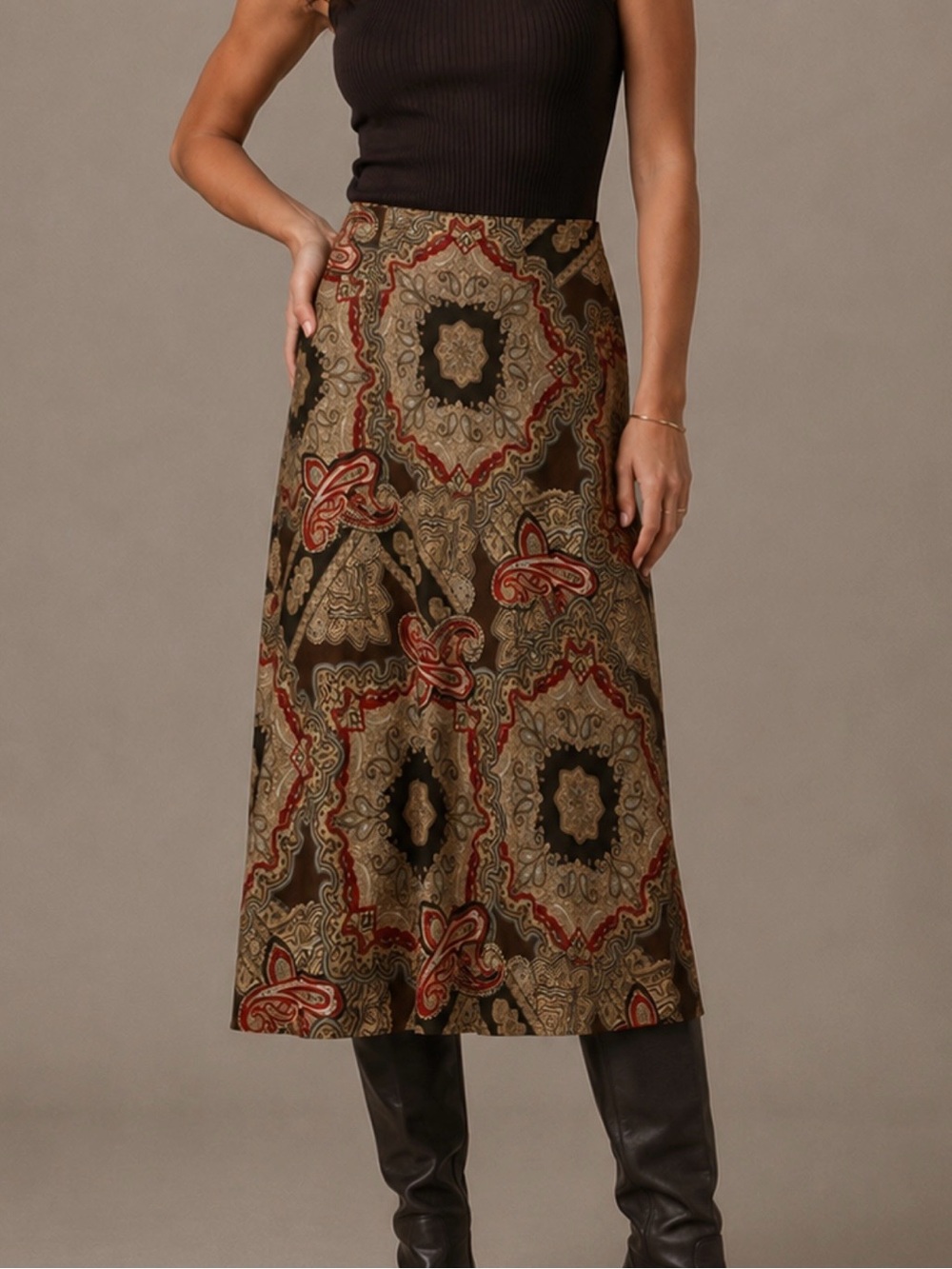 Vintage 100% Silk Printed Boho Midi Skirt 14 Tan Red Y2K Western Old Money 90's
